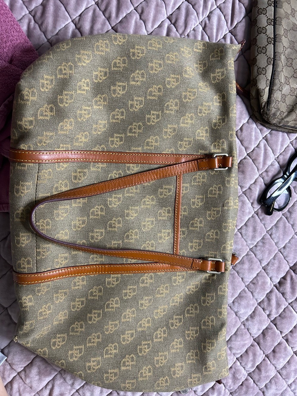 Dooney & Bourke Brown Monogram Tote with Tan Leather Trim
